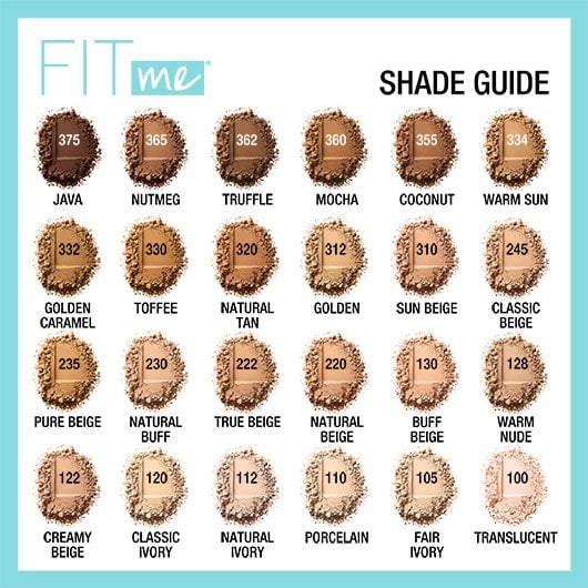 Maybellines Fit Me Pressed Powder shade guide.