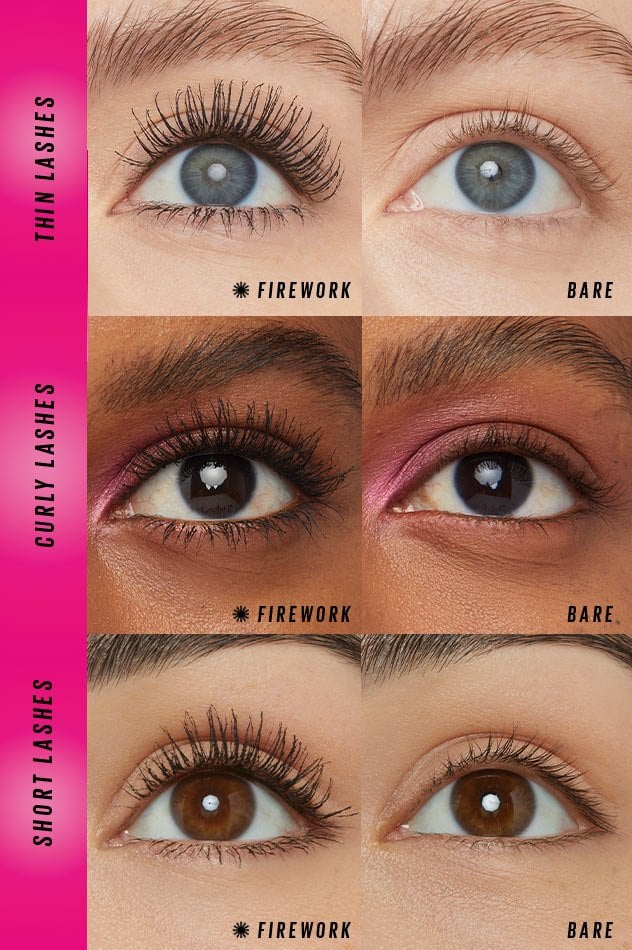 Before & after showing thin, curly, and short lashes with Maybelline Lash Sensational Firework Electro Black mascara applied.